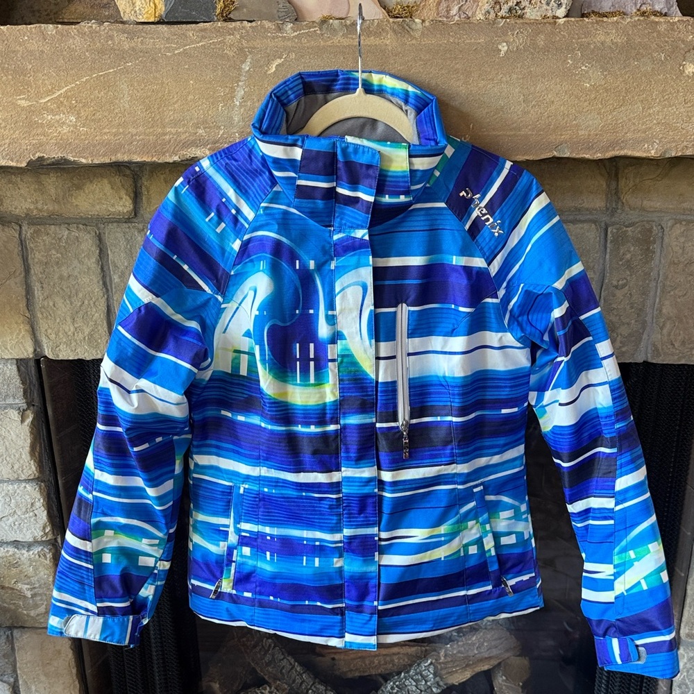 Phenix Like new blue Striped winter Thunderon diginite thermo Ski Jacket. Sz 10
